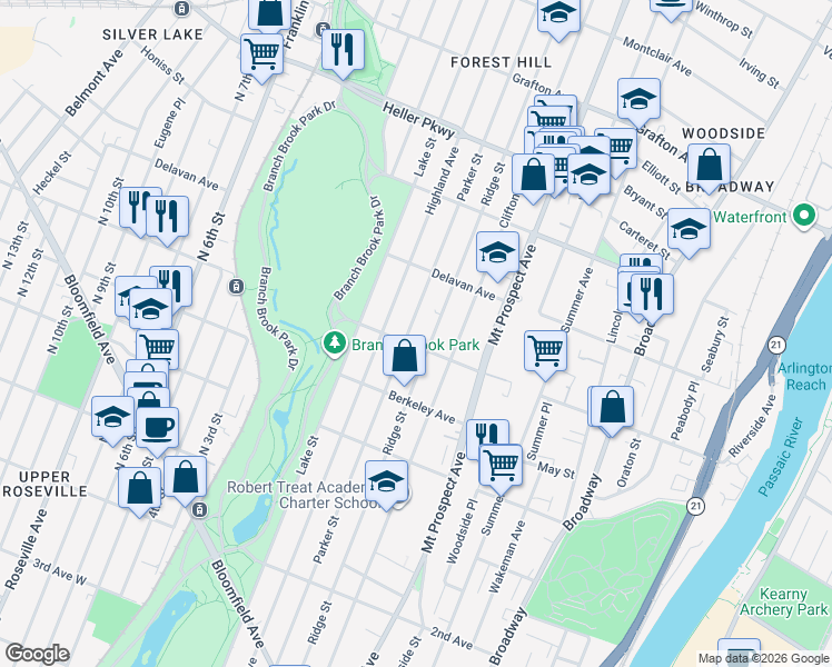 map of restaurants, bars, coffee shops, grocery stores, and more near 441-447 Highland Avenue in Newark