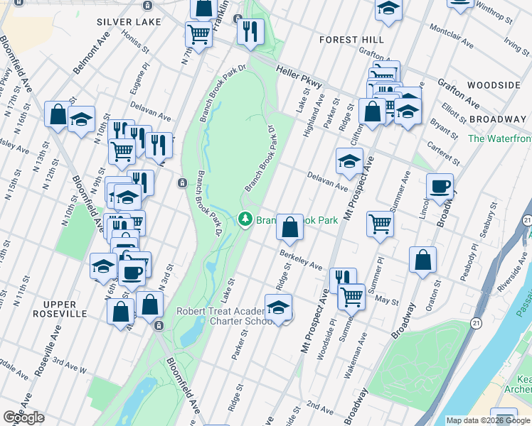 map of restaurants, bars, coffee shops, grocery stores, and more near 257-259 Ballantine Parkway in Newark