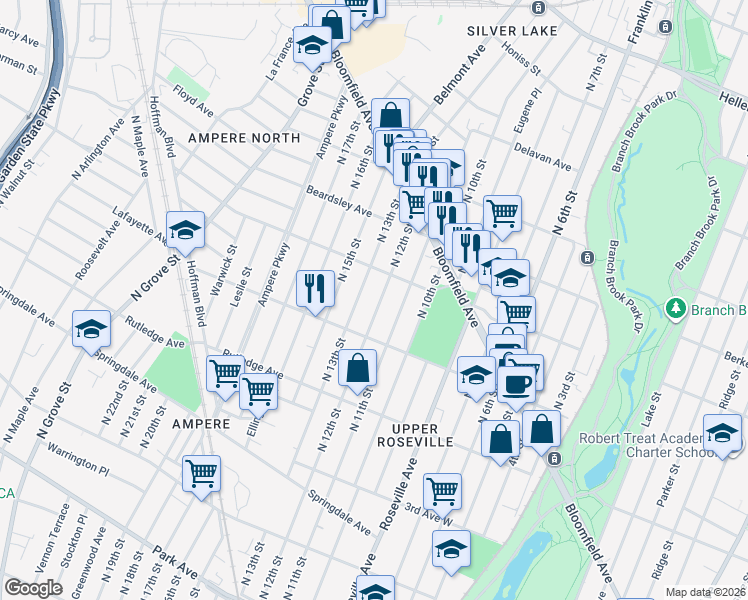 map of restaurants, bars, coffee shops, grocery stores, and more near 432 North 12th Street in Newark