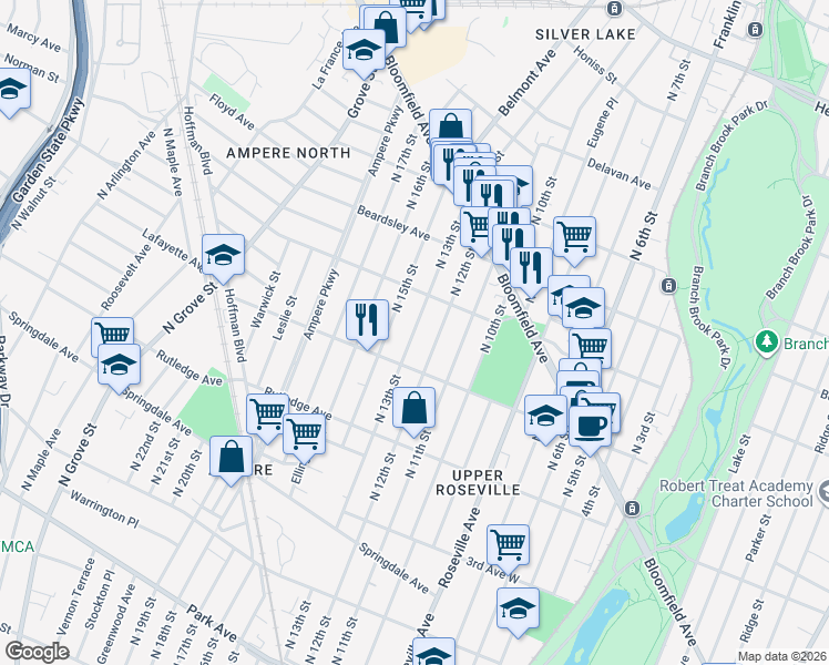 map of restaurants, bars, coffee shops, grocery stores, and more near 150 North 15th Street in Newark