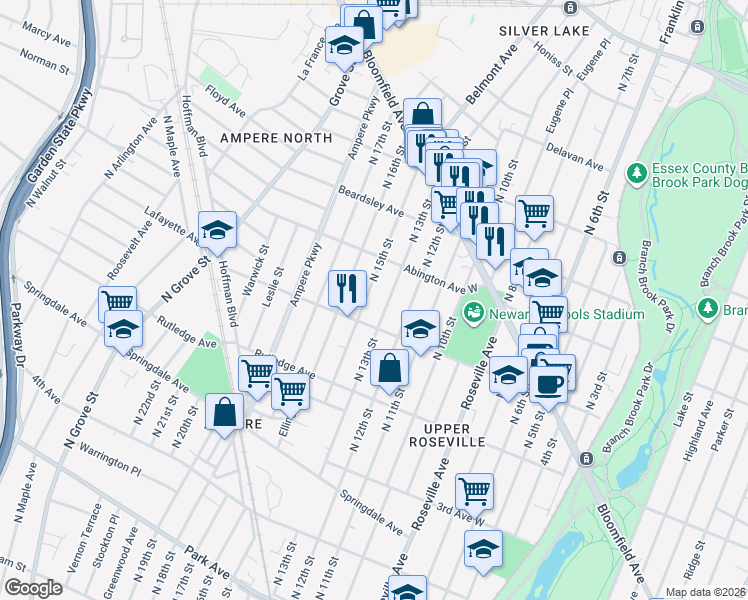 map of restaurants, bars, coffee shops, grocery stores, and more near 150 North 15th Street in Newark