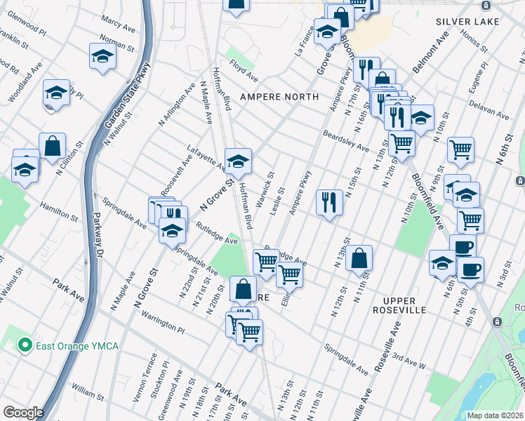 map of restaurants, bars, coffee shops, grocery stores, and more near 69 1st Avenue in East Orange