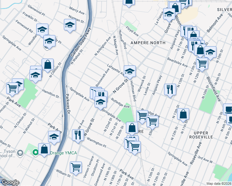 map of restaurants, bars, coffee shops, grocery stores, and more near 533 North Grove Street in East Orange