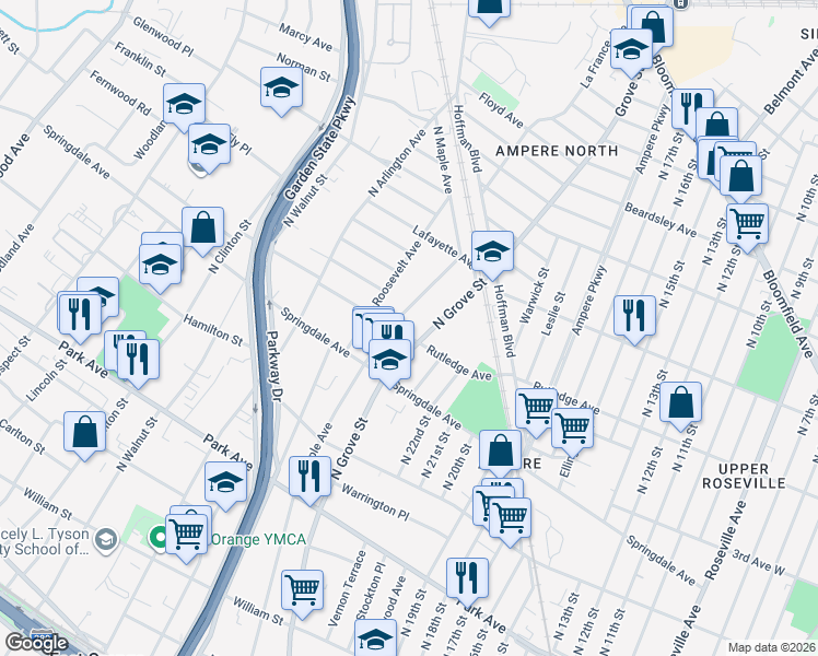 map of restaurants, bars, coffee shops, grocery stores, and more near 437 North Maple Avenue in East Orange
