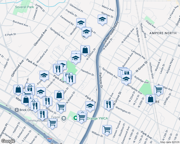 map of restaurants, bars, coffee shops, grocery stores, and more near 287 North Walnut Street in East Orange