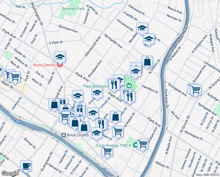 map of restaurants, bars, coffee shops, grocery stores, and more near 180 Prospect Street in East Orange