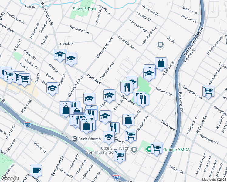 map of restaurants, bars, coffee shops, grocery stores, and more near 540 Park Avenue in East Orange