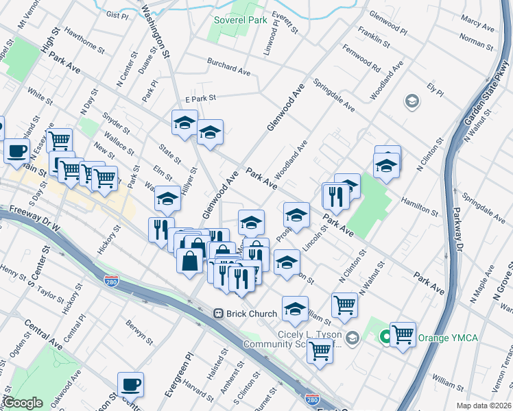 map of restaurants, bars, coffee shops, grocery stores, and more near 22 Chelsea Place in East Orange