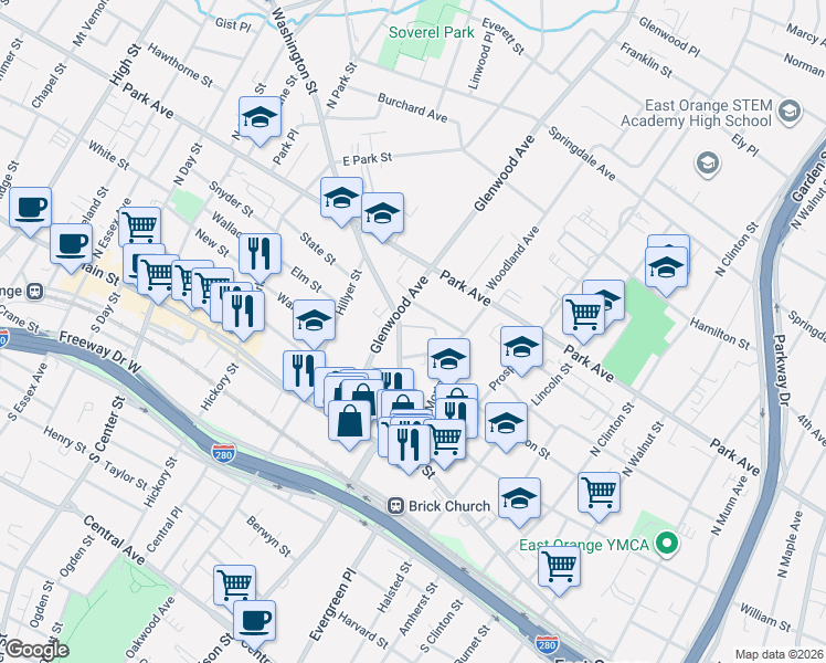 map of restaurants, bars, coffee shops, grocery stores, and more near 48 Glenwood Avenue in East Orange