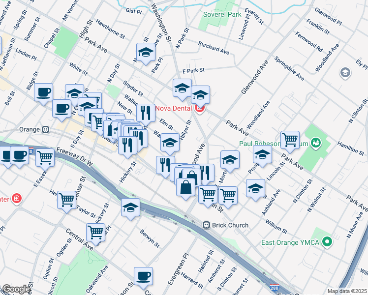 map of restaurants, bars, coffee shops, grocery stores, and more near 86 Hillyer Street in City of Orange