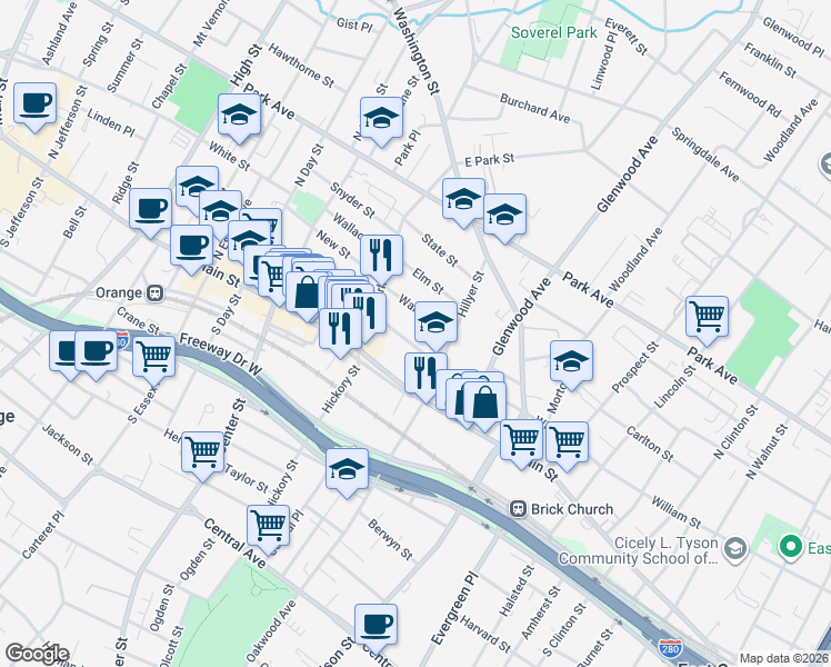 map of restaurants, bars, coffee shops, grocery stores, and more near 121 Ward Street in City of Orange