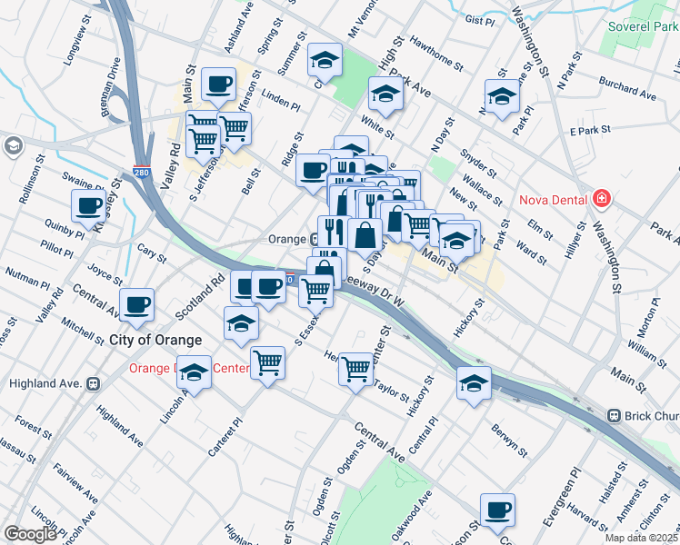 map of restaurants, bars, coffee shops, grocery stores, and more near 55 South Essex Avenue in City of Orange