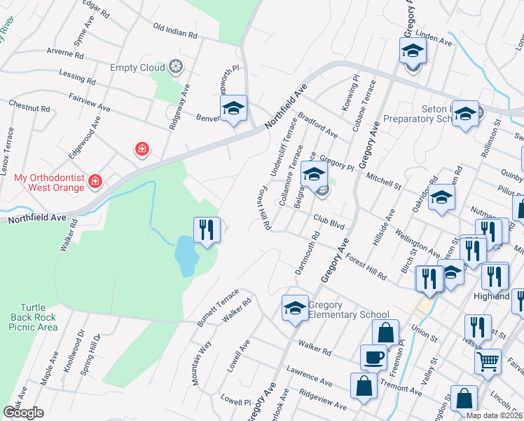map of restaurants, bars, coffee shops, grocery stores, and more near 179 Forest Hill Road in West Orange