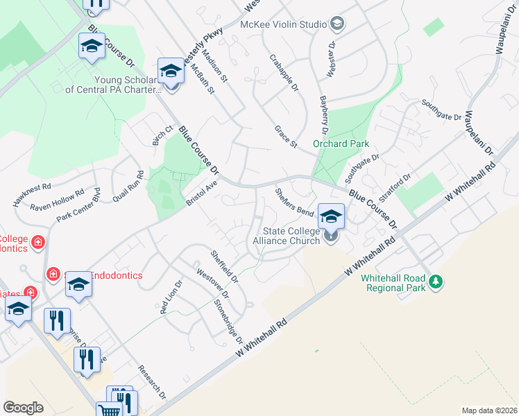 map of restaurants, bars, coffee shops, grocery stores, and more near 3330-3398 Shellers Bend in State College