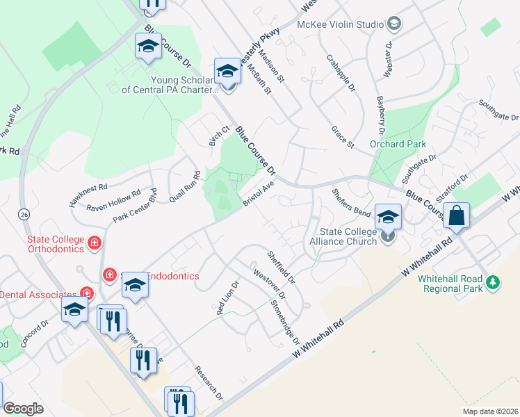 map of restaurants, bars, coffee shops, grocery stores, and more near 920 Thoroughbred Crossing in State College