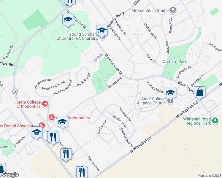 map of restaurants, bars, coffee shops, grocery stores, and more near 101 Washington Place in State College