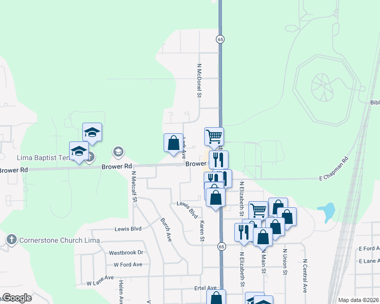 map of restaurants, bars, coffee shops, grocery stores, and more near 131 Paradise Place in Lima