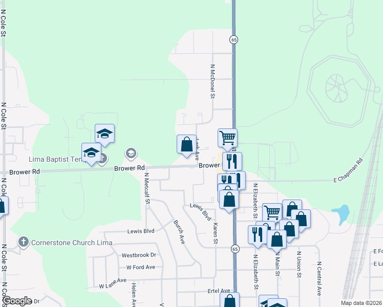 map of restaurants, bars, coffee shops, grocery stores, and more near 135 Partridge Place in Lima