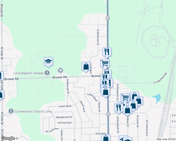 map of restaurants, bars, coffee shops, grocery stores, and more near 135 Partridge Place in Lima