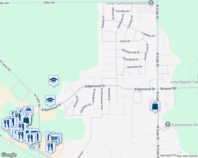 map of restaurants, bars, coffee shops, grocery stores, and more near 2344 Augusta Dr in Lima