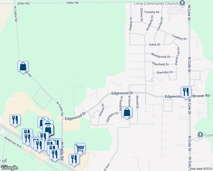 map of restaurants, bars, coffee shops, grocery stores, and more near 1887 Austin Court in Lima