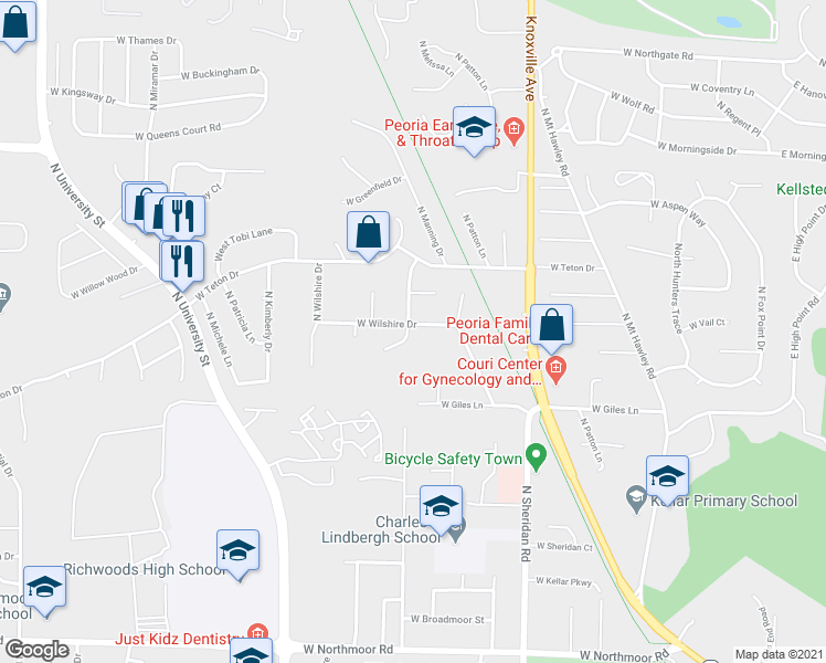 map of restaurants, bars, coffee shops, grocery stores, and more near 6914 North Saint Marys Road in Peoria