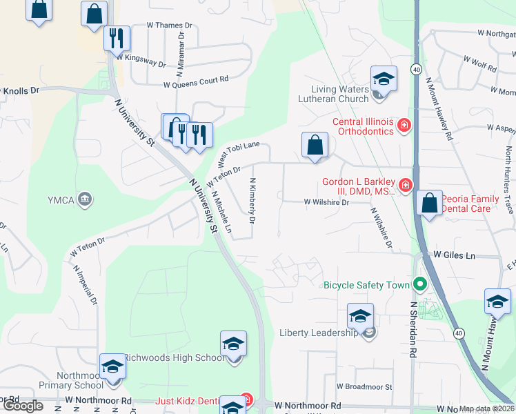 map of restaurants, bars, coffee shops, grocery stores, and more near 6911 North Kimberly Drive in Peoria