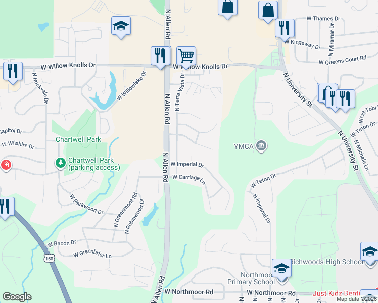 map of restaurants, bars, coffee shops, grocery stores, and more near 2414 West Madera Court in Peoria