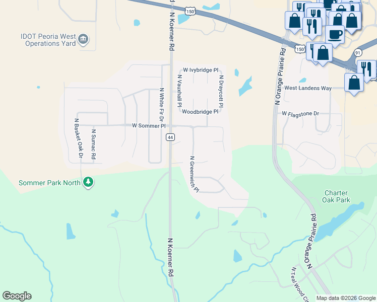 map of restaurants, bars, coffee shops, grocery stores, and more near 6815 Greenwich Place in Peoria