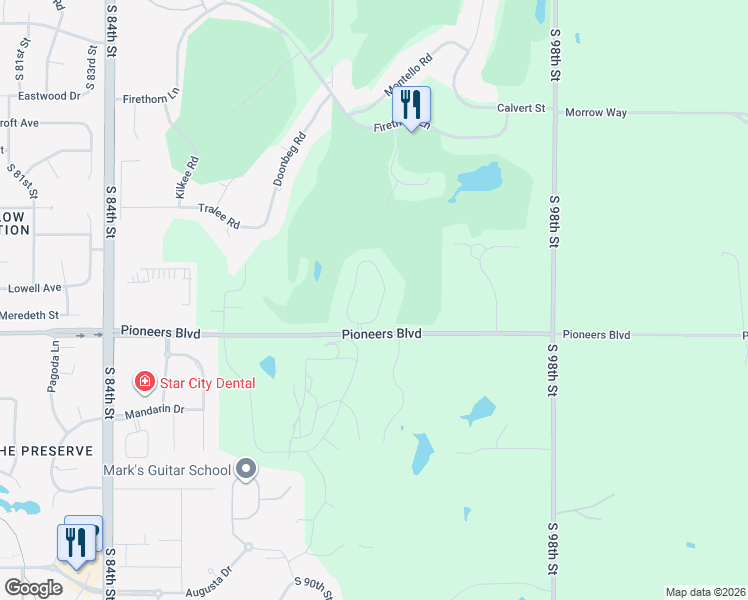 map of restaurants, bars, coffee shops, grocery stores, and more near 9239 Pioneer Court in Lincoln