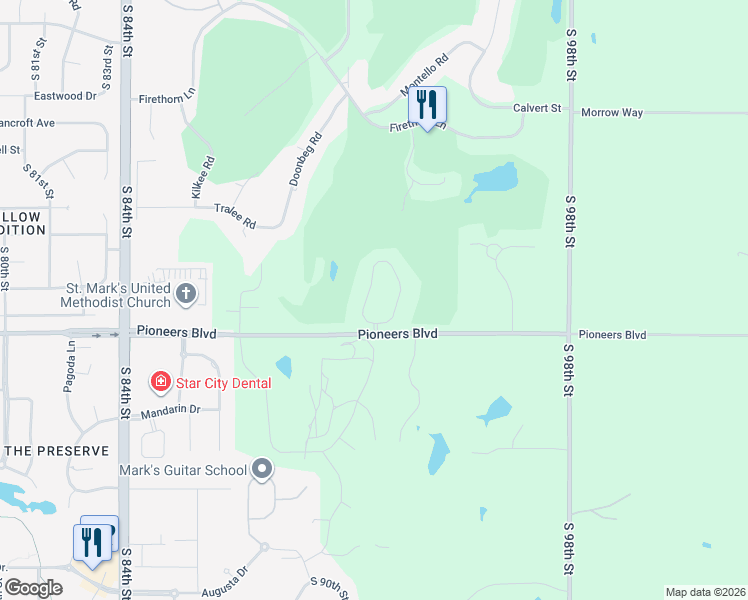 map of restaurants, bars, coffee shops, grocery stores, and more near 9130 Pioneer Court in Lincoln