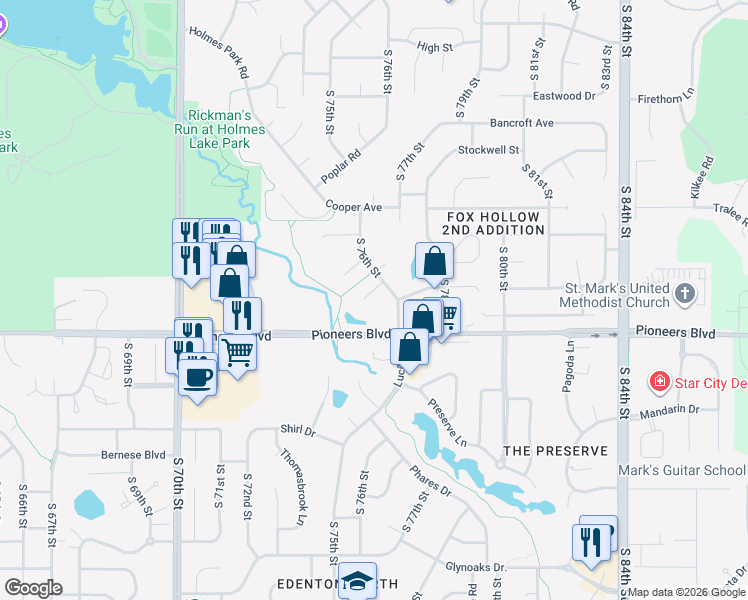 map of restaurants, bars, coffee shops, grocery stores, and more near 7601 Silver Circle in Lincoln
