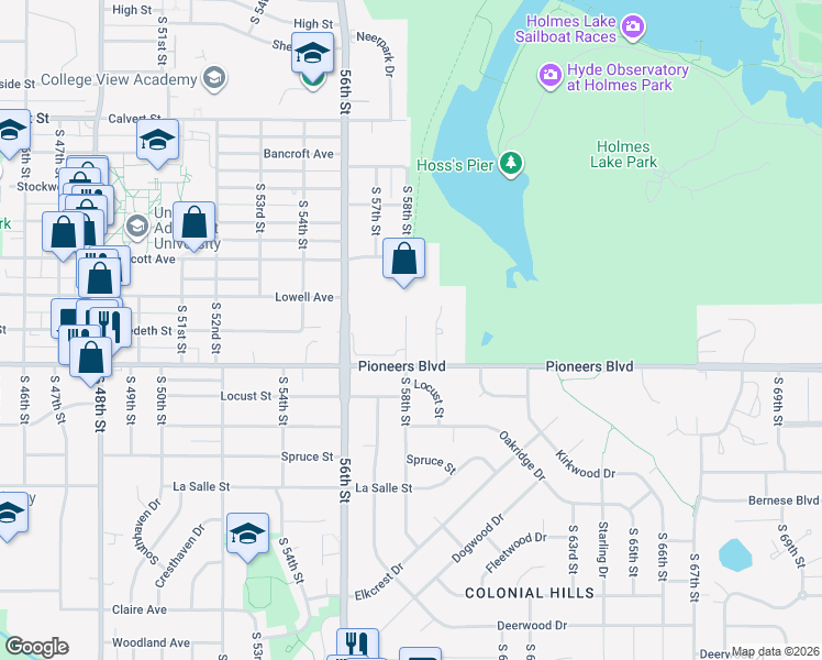 map of restaurants, bars, coffee shops, grocery stores, and more near 4000 South 56th Street in Lincoln