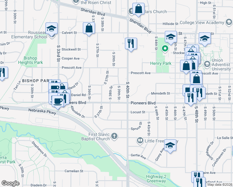 map of restaurants, bars, coffee shops, grocery stores, and more near 4100 South 39th Street in Lincoln