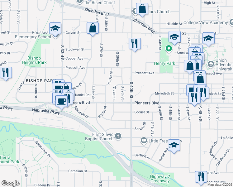 map of restaurants, bars, coffee shops, grocery stores, and more near 4131 South 38th Street in Lincoln