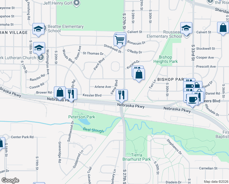 map of restaurants, bars, coffee shops, grocery stores, and more near 2578 Arlene Avenue in Lincoln