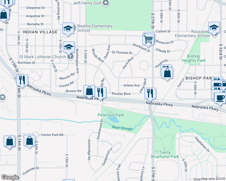 map of restaurants, bars, coffee shops, grocery stores, and more near 2338 Burnham Street in Lincoln