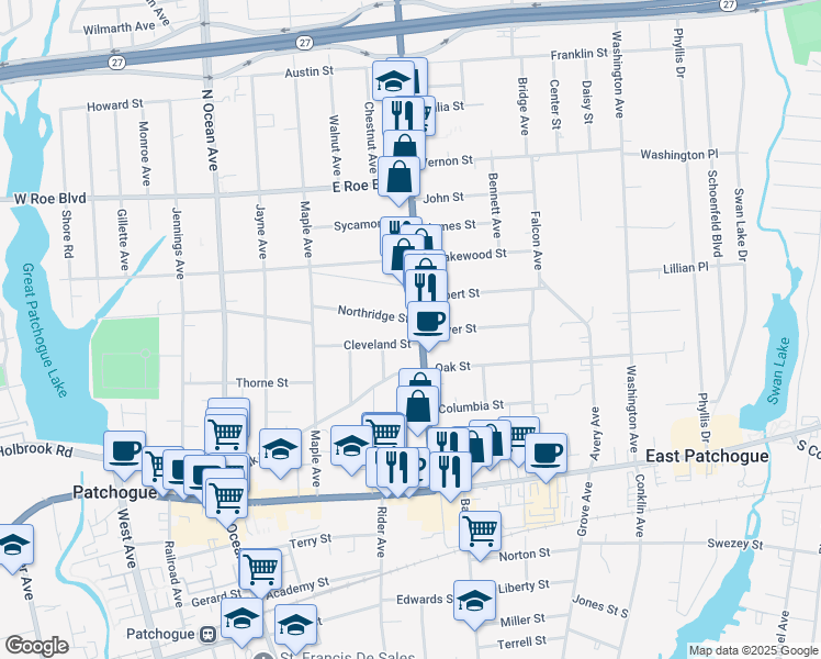map of restaurants, bars, coffee shops, grocery stores, and more near 73 Northridge Street in Patchogue