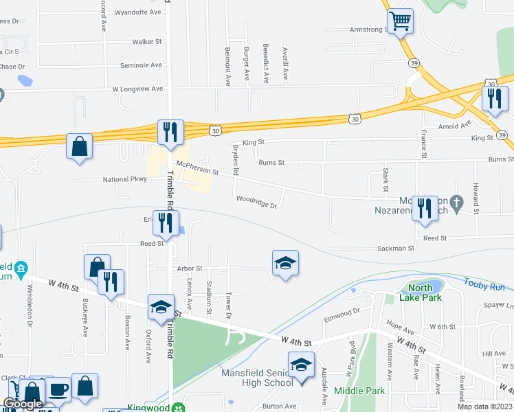 map of restaurants, bars, coffee shops, grocery stores, and more near 430 Woodridge Drive in Mansfield