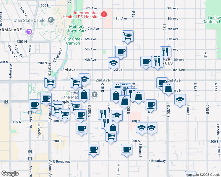 map of restaurants, bars, coffee shops, grocery stores, and more near in Salt Lake City