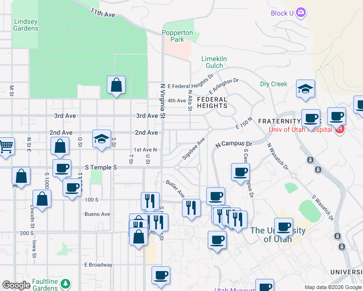 map of restaurants, bars, coffee shops, grocery stores, and more near 1414 Perry Avenue in Salt Lake City