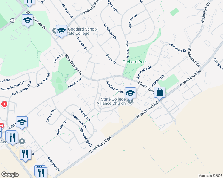 map of restaurants, bars, coffee shops, grocery stores, and more near 3144 Shellers Bend in State College