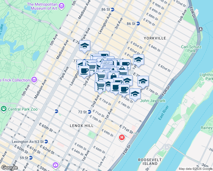 map of restaurants, bars, coffee shops, grocery stores, and more near 1460 2nd Avenue in New York