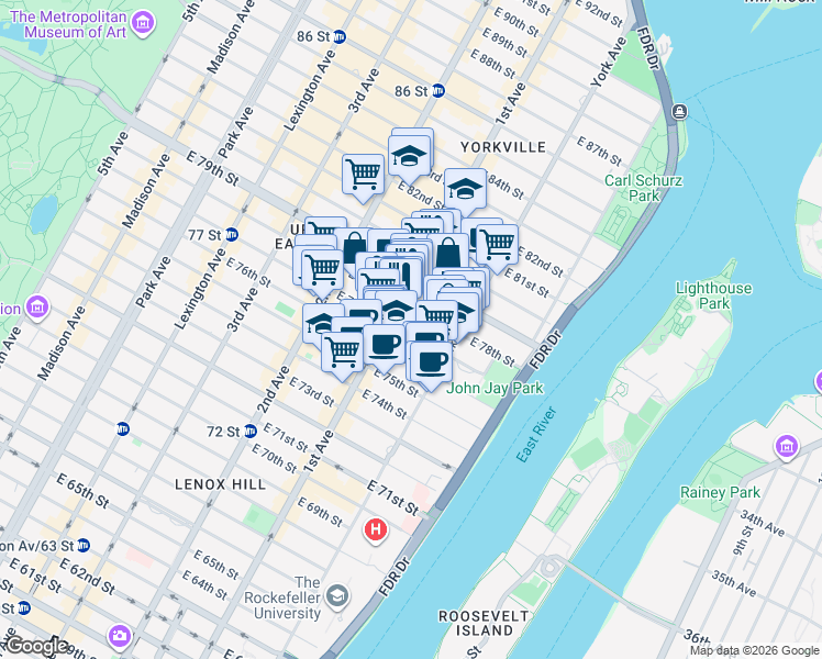 map of restaurants, bars, coffee shops, grocery stores, and more near 435 East 77th Street in New York