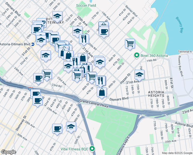 map of restaurants, bars, coffee shops, grocery stores, and more near 21-49 45th Street in Queens
