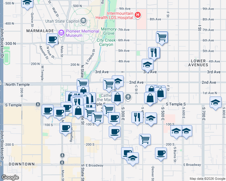 map of restaurants, bars, coffee shops, grocery stores, and more near 87 A Street East in Salt Lake City