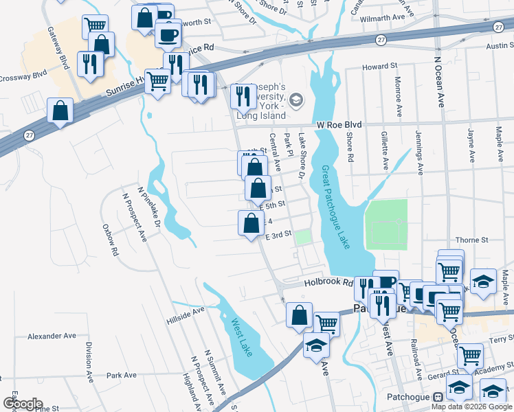 map of restaurants, bars, coffee shops, grocery stores, and more near 205 Waverly Avenue in Patchogue
