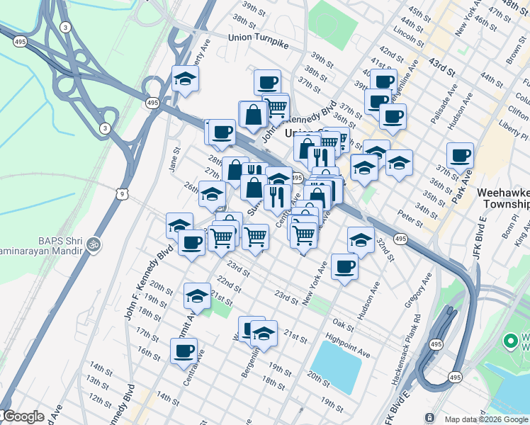 map of restaurants, bars, coffee shops, grocery stores, and more near 2714 Summit Avenue in Union City