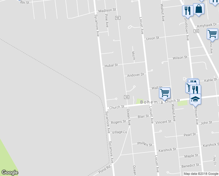 map of restaurants, bars, coffee shops, grocery stores, and more near 1187 Sycamore Avenue in Bohemia