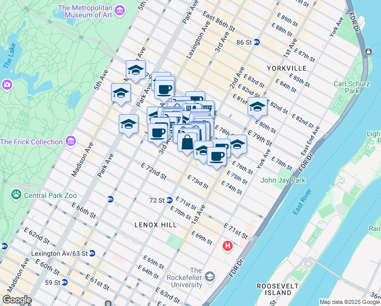 map of restaurants, bars, coffee shops, grocery stores, and more near 250 East 75th Street in New York